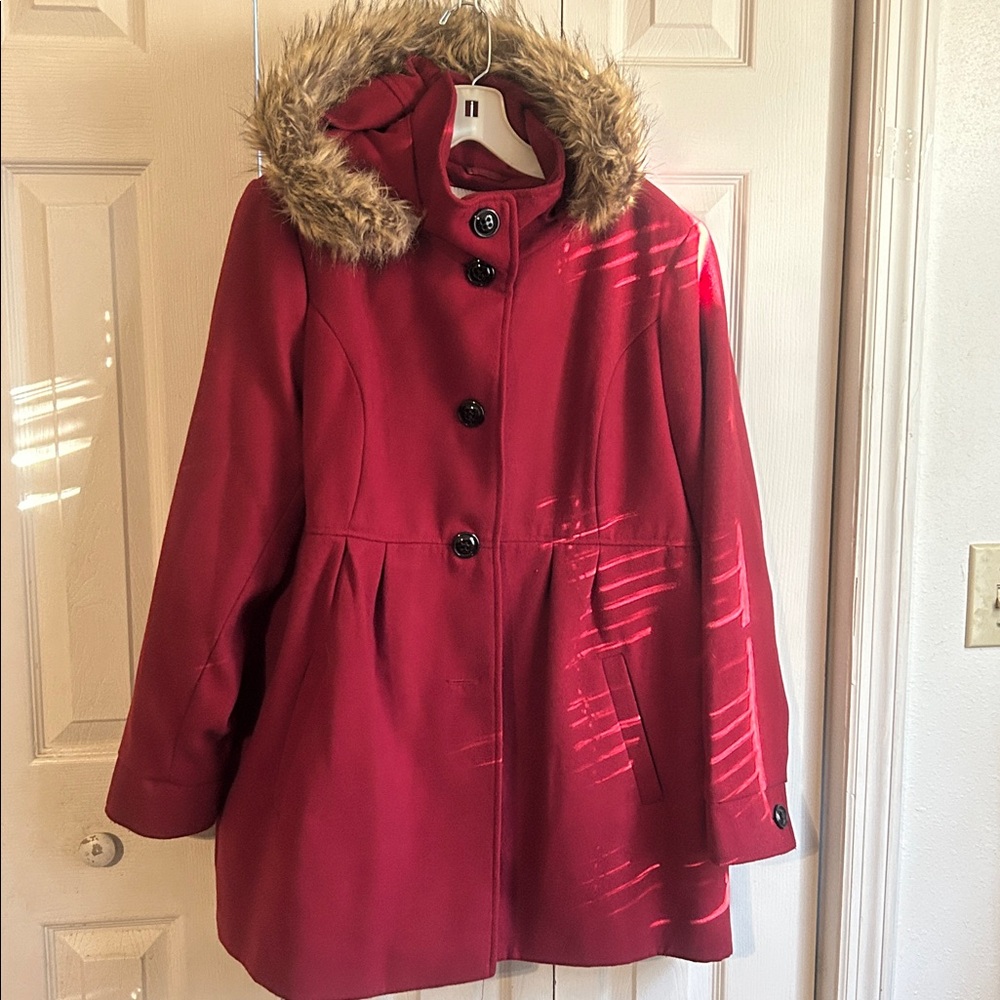 American Rag Red Wool Coat with Faux Fur Hood. Size. 1X